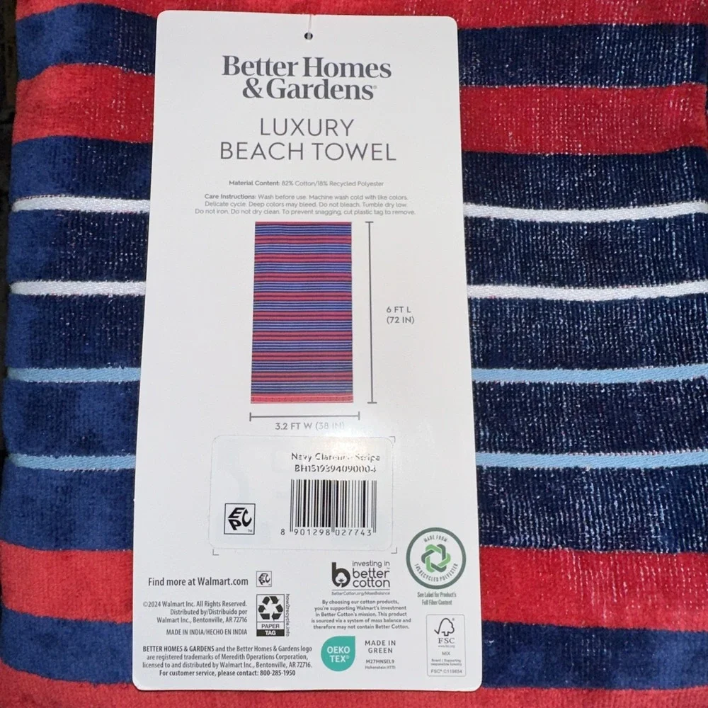 Better Homes & Gardens Luxury Beach Towel Navy Stripe Anchor 38x72 New Fast Ship